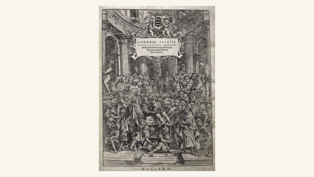 Engraved title page of Andreas Vesalius's 1543 anatomy book showing a crowd watching a dissection lecture